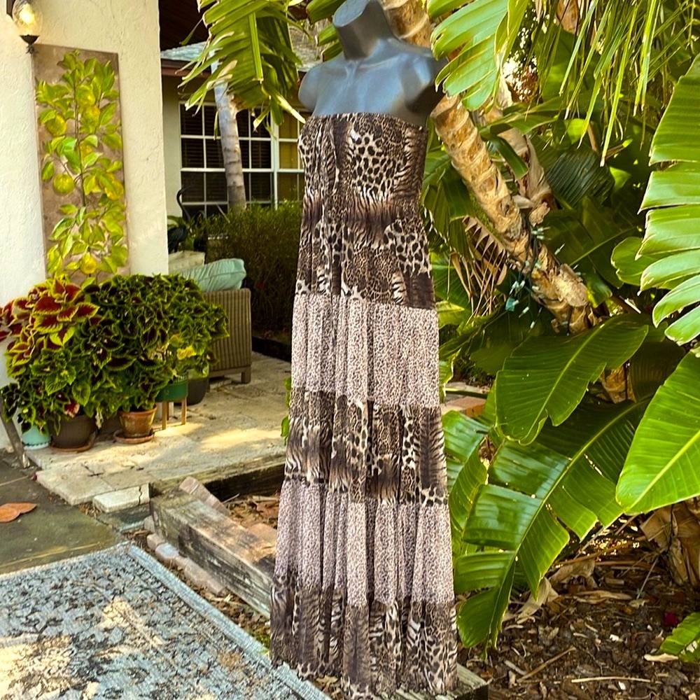 Lapis strapless, leopard print convertible, tiered dress